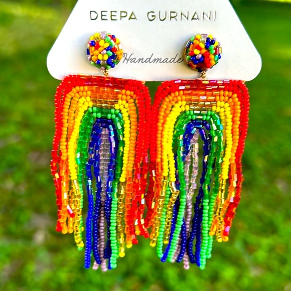 NWT PRIDE Rainbow Statement Earrings Deepa Gurnani Chandelier Beaded Earrings - Picture 2 of 2